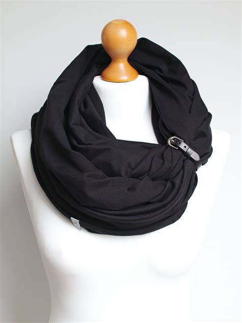 BLACK cotton infinity scarf for women, lightweight cotton tube scarf with leather cuff for ...