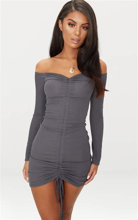 Charcoal Grey Ribbed Long Sleeve Bardot Ruched Bodycon Dress ...