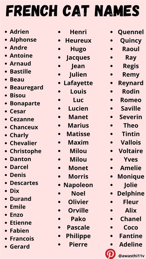 the french cat names list is shown in black and white, with red ...