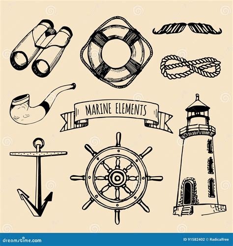 Marine Set. Vector Nautical Elements. Hand Sketched Sea Illustrations. Maritime Design ...