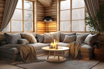 Premium AI Image | Grey and beige living room in a log cabin windows carpet and fabric couch ...
