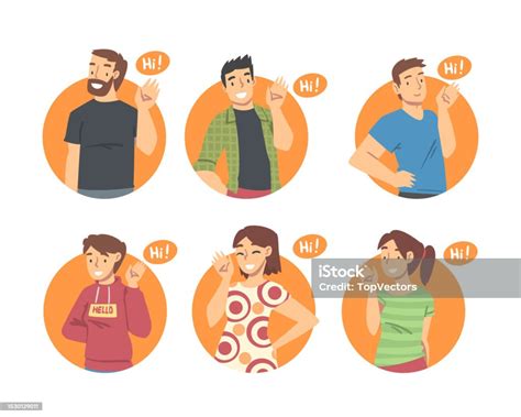 People Characters Saying Hello And Showing Hand Greeting Gesture Vector Illustration Set Stock ...