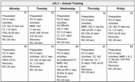 Army Training Calendar Template