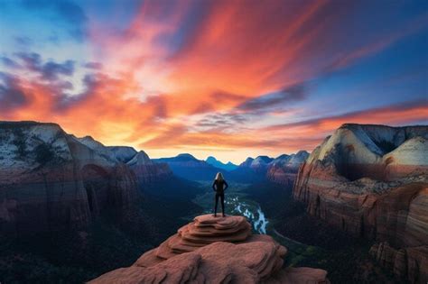 Premium AI Image | a person standing on top of a cliff at sunset