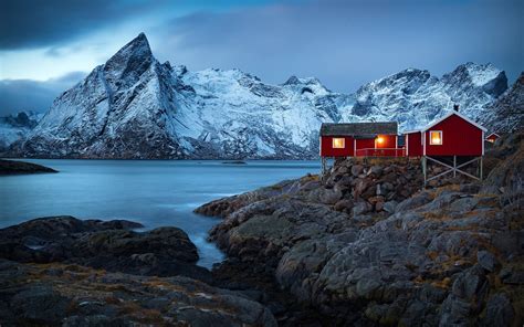 Wallpaper Norway, village, houses, fjord, mountains, winter, snow, lights 1920x1200 Picture, Image