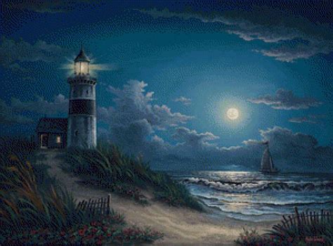 Предпросмотр схемы вышивки «Farol Noite» | Lighthouse painting, Lighthouse art, Night scene painting