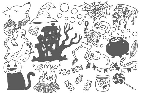 Set of Halloween doodles elements, drawing, cartoon, cute, fun, print, art 3810722 Vector Art at ...