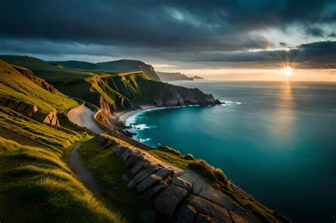 Premium AI Image | A photograph of a cliff edge with a sunset on the ...