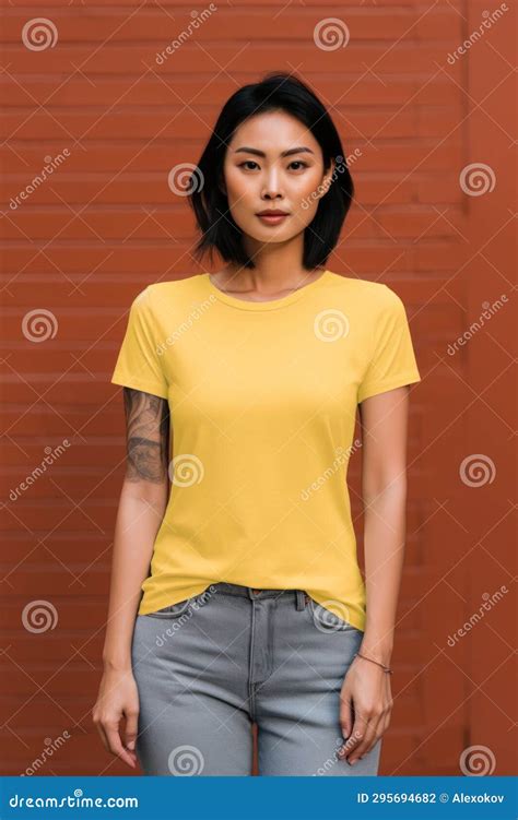 Young Asian Woman in Blank Yellow T-shirt on Red Brick Wall Generative ...