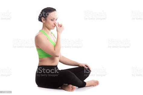 Alternate Nostril Breathing In Yoga Sukhasana Pose Stock Photo ...