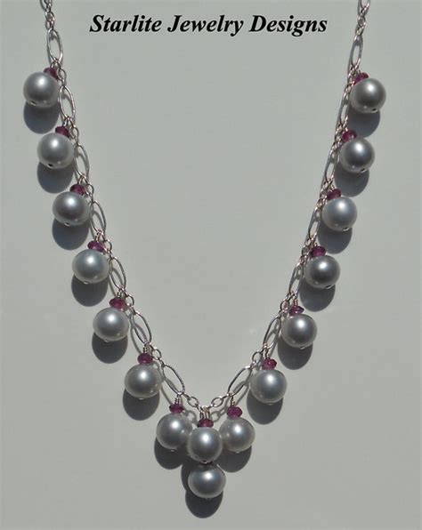 Natural Grey Freshwater Pearl Necklace ~ Accented with Rhodolite Garnets ~ Pearl Drop Necklace ...