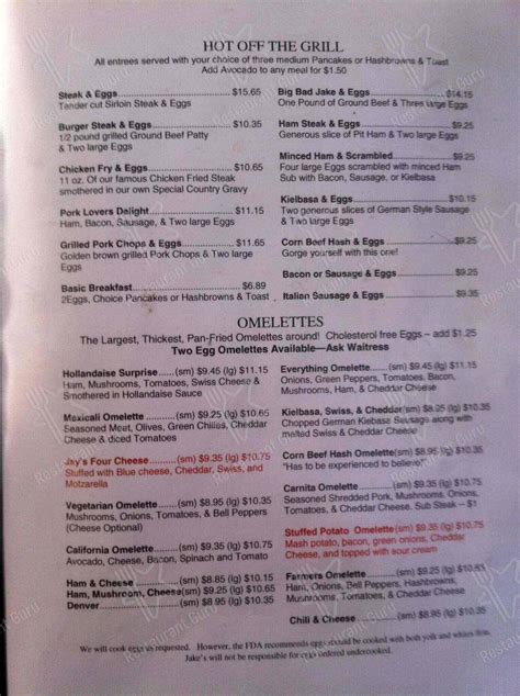 Menu at Jake's Diner restaurant, Bend