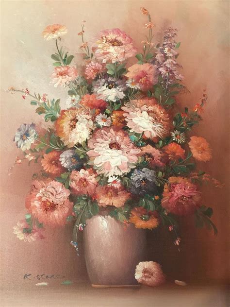 Original Oil Painting K Stone Floral Flowers in vase Shabby Chic | #1726102517