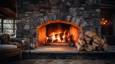 Premium AI Image | A roaring fire in a stone fireplace