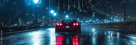 Cinematic photography of a sport car driving at night, in the rain ...