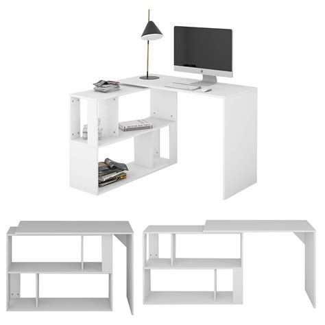 Buy Zoyo White Corner Computer Desk L Shaped with Shelves Storage 360° Swivel PC Laptop Table ...