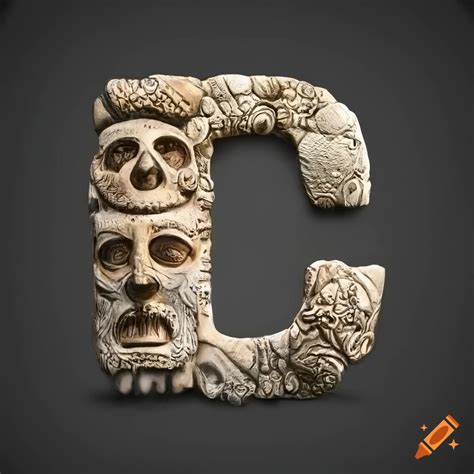 Ultra realistic stone letter m with etruscan masks