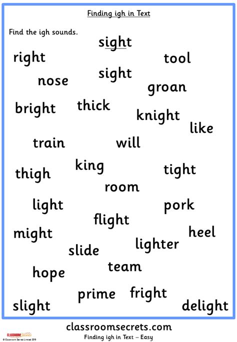 Finding ‘igh’ in Text Phonics Worksheets – Classroom Secrets | Classroom Secrets