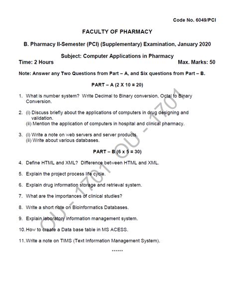 Osmania University B. Pharmacy II-Semester. (PCI)(Supplementary ...