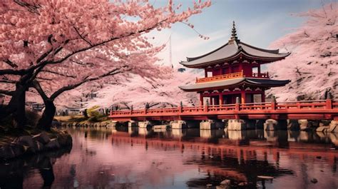 Premium Photo | Beautiful japanese temple cherry blossom trees