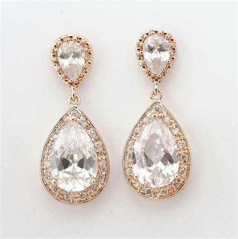 Rose Gold Earrings Bridal Jewelry Rose Gold Bridal Earrings Cubic Zirconia Large Teardrop Pink ...