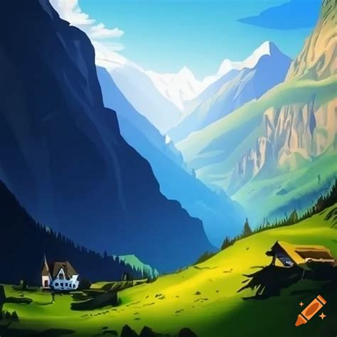 Graphic novel illustration of a mystical swiss mountain valley