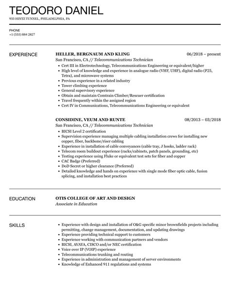 Telecommunications Technician Resume Samples | Velvet Jobs