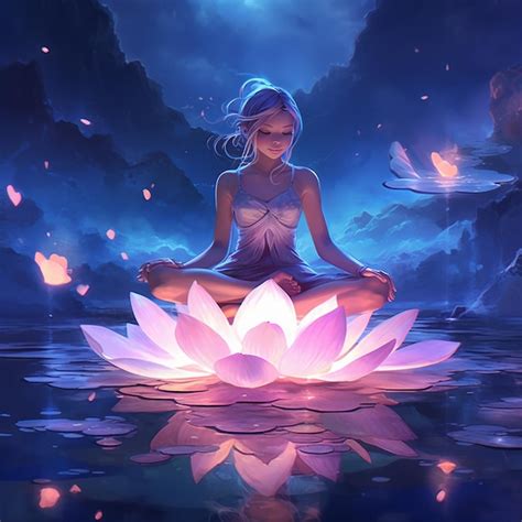 Premium Photo | Anime girl sitting on a lotus flower in the middle of a lake generative ai