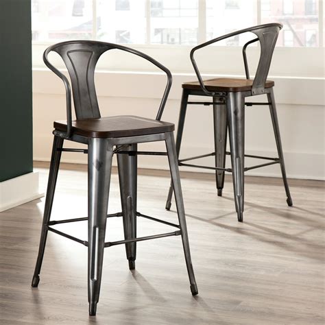 OFM 161 Collection Industrial Modern 4 Pack 26" Mid Back Metal Stools with Arms and Solid Ash ...