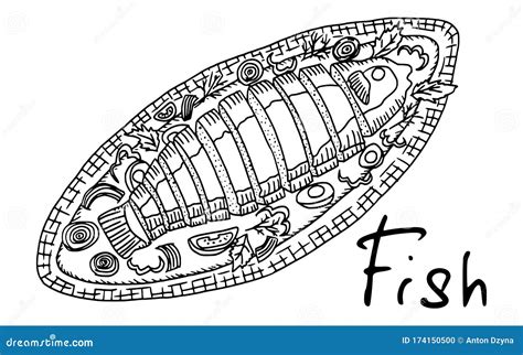 Fried Fish Stuffed Sketch Drawing Doodle Vector Stock Illustration - Illustration of drawing ...