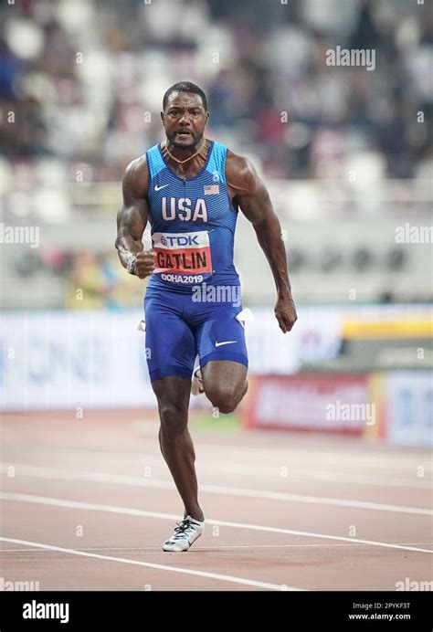 Justin Gatlin running the 100m at the 2019 World Athletics Championships in Doha Stock Photo - Alamy