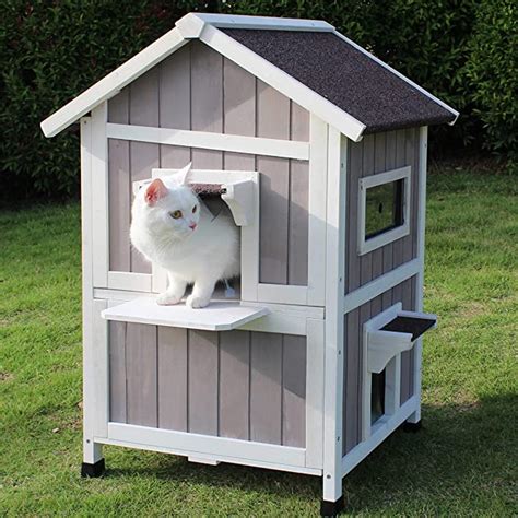 Amazon.com : ROCKEVER Feral Cat Shelter Outdoor with Escape Door Rainproof Outside Cat House Two ...