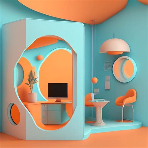 Premium AI Image | A room with a computer and a table with a chair and a lamp.