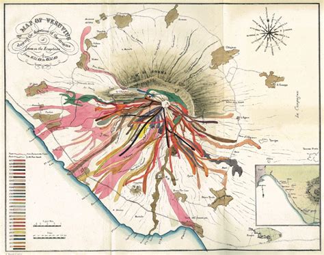 1832 map of Mount Vesuvius showing routes of lava flows across 200 years of major eruptions ...