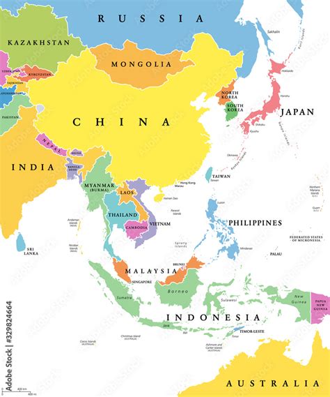 East Asia, single states, political map. All countries in different colors, with national ...