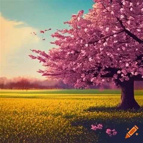 Vibrant cherry blossom tree with bright leaves in a park on Craiyon