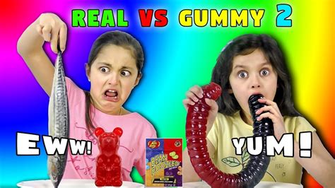 REAL FOOD Vs GUMMY FOOD Challenge 2! Giant Gummy Worm v Super Gross ...