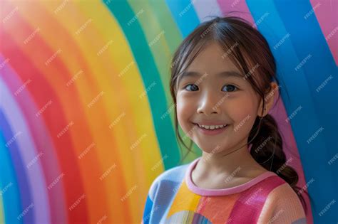 Premium Photo | Joyful Young Girl Smiling in Front of Colorful Rainbow Background Bright and ...