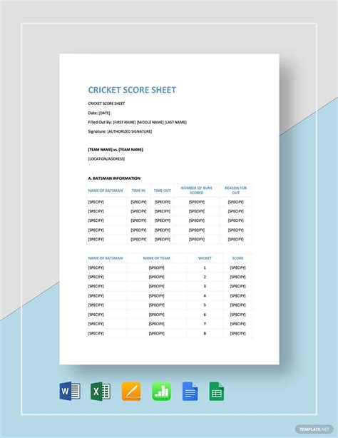 Sample Cricket Score Sheet Template in Google Docs, Word, Apple Numbers ...