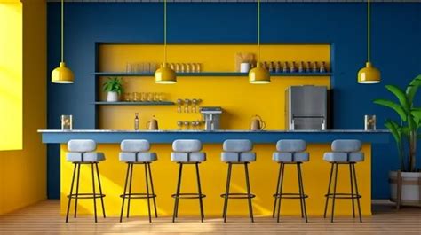 Modern Design Of Colorful Kitchen Vibrant Yellow Bar Counter And ...