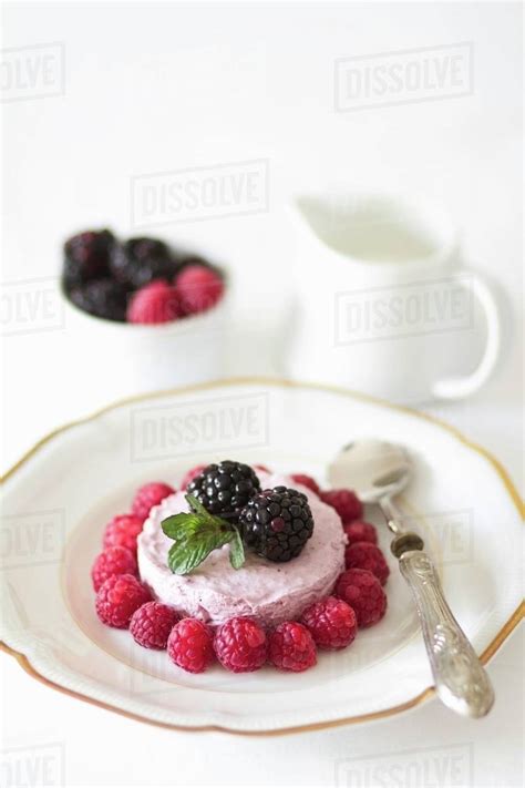 Raspberry cream with fresh raspberries - Stock Photo - Dissolve