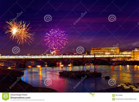 London Skyline Sunset Fireworks on Thames Stock Photo - Image of dusk ...