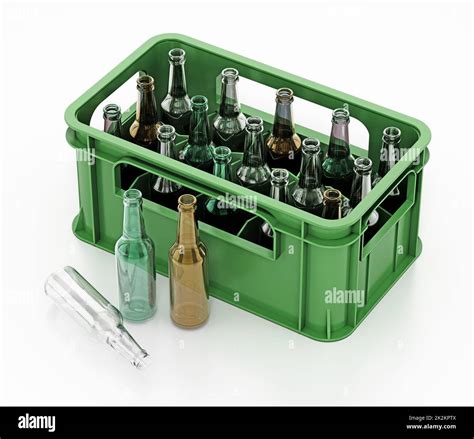 Empty glass beer bottles inside green crate. 3D illustration Stock ...