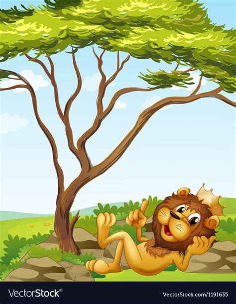 A king lion lying down near the tree Royalty Free Vector