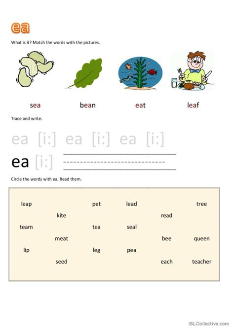 Vowel combination ea: English ESL worksheets pdf & doc