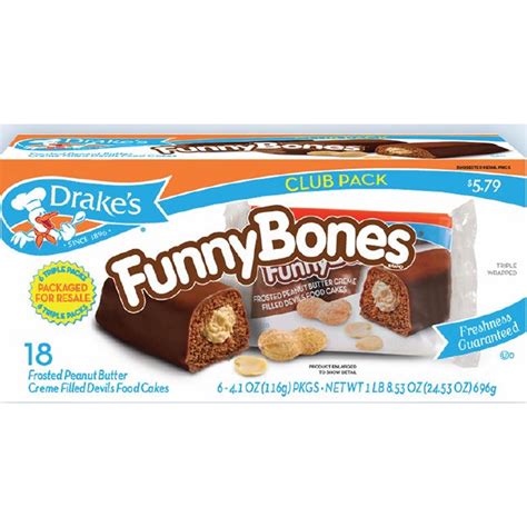 18 Ct -Drake's Funny Bones Frosted Peanut Butter Creme Filled Devils Food Cakes Snack Pack ...