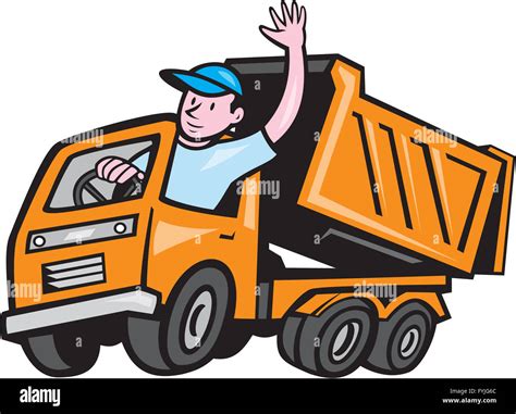 Dump Truck Driver Waving Cartoon Stock Photo - Alamy