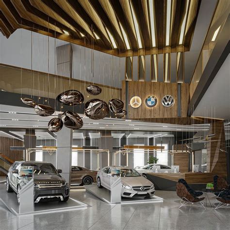 a car showroom with several cars parked in the lot and hanging from the ...