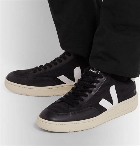 Veja - V-12 Leather-Trimmed B-Mesh Sneakers - Black VEJA