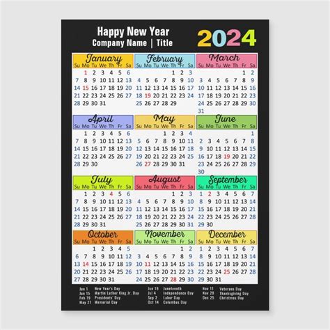 2024 Modern Black Color Calendar Magnetic Card | Zazzle